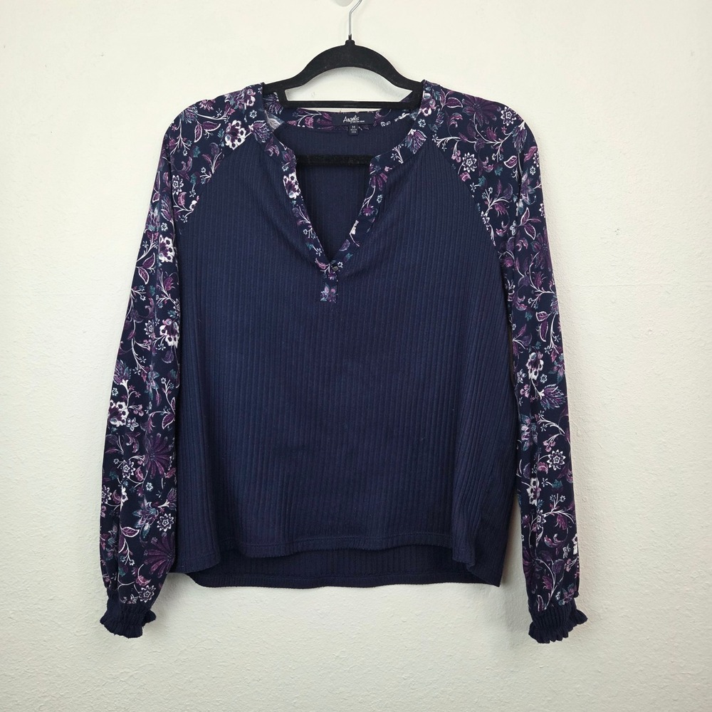 Angels Forever Young Top Women Medium Blue Excellent Floral Ribbed Mixed Media